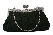 Evening Bag - Woven Braided Clutch w/ Rhinestone Accents Frame - Black - BG-HE1021BK